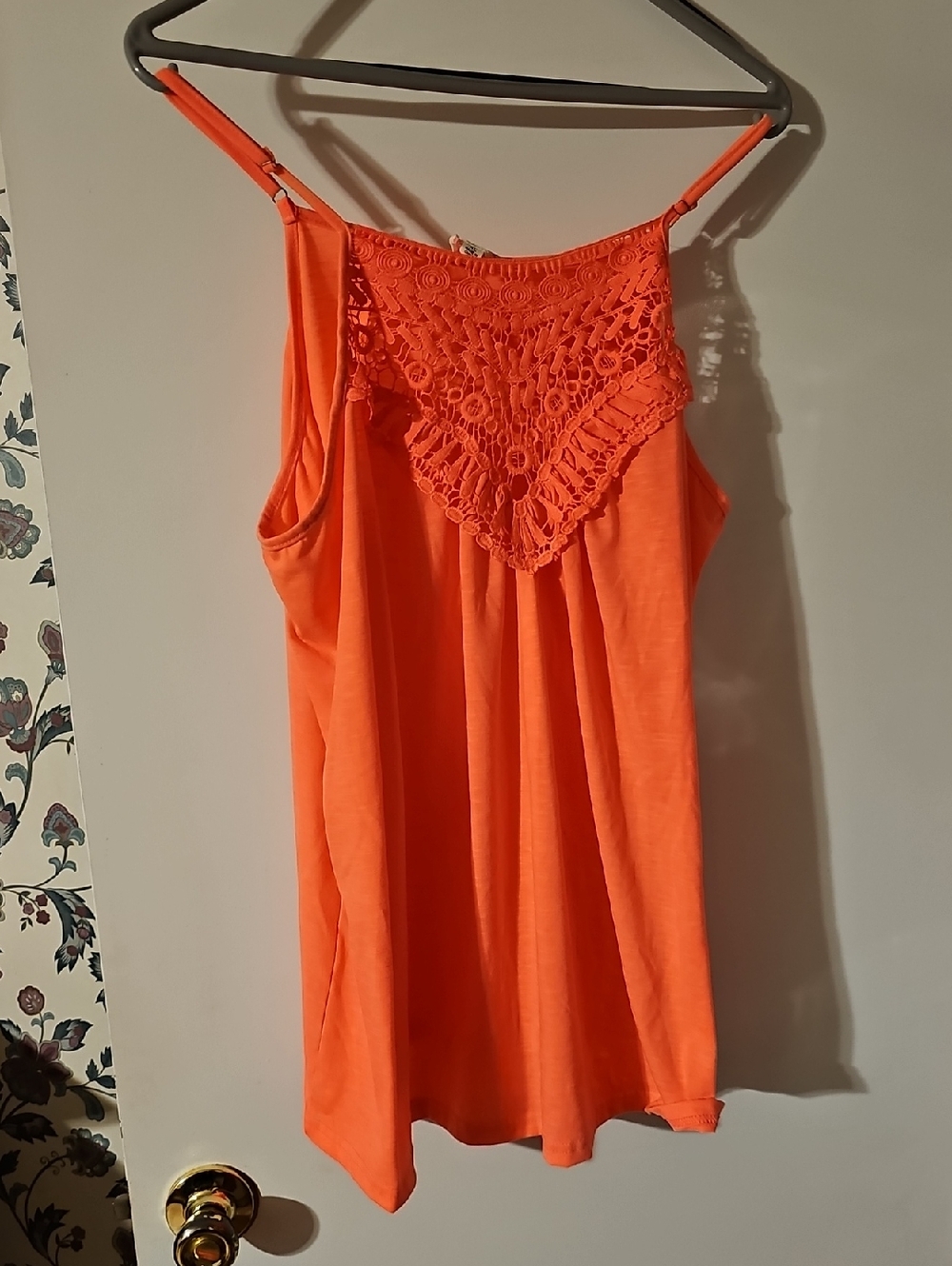 BiBi Bright Orange Crochet Yoke Tank Top